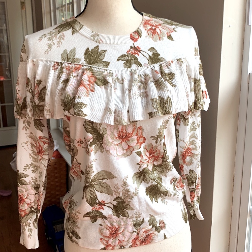 🌸 Anthropologie Lightweight Harlyn Floral Ruffled Sweater